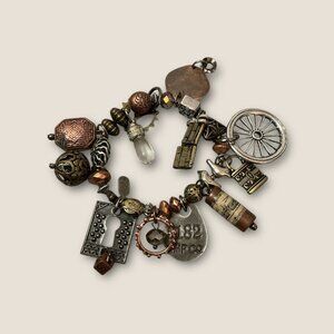 Steampunk-Inspired Stretch Charm Bracelet With Mixed Metal Antique-Style Pendant